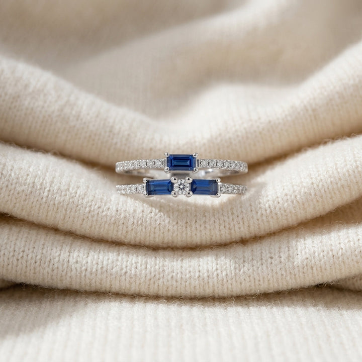Diamond 2/3ctw & Blue Sapphire Ring in 14K White Gold - flat lay
