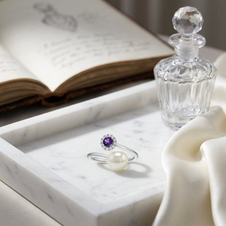 Freshwater Pearl Amethyst & Diamond Twist Shank Ring in 14K White Gold - lifestyle