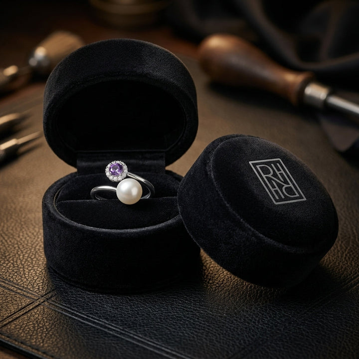 Freshwater Pearl Amethyst & Diamond Twist Shank Ring in 14K White Gold - presentation