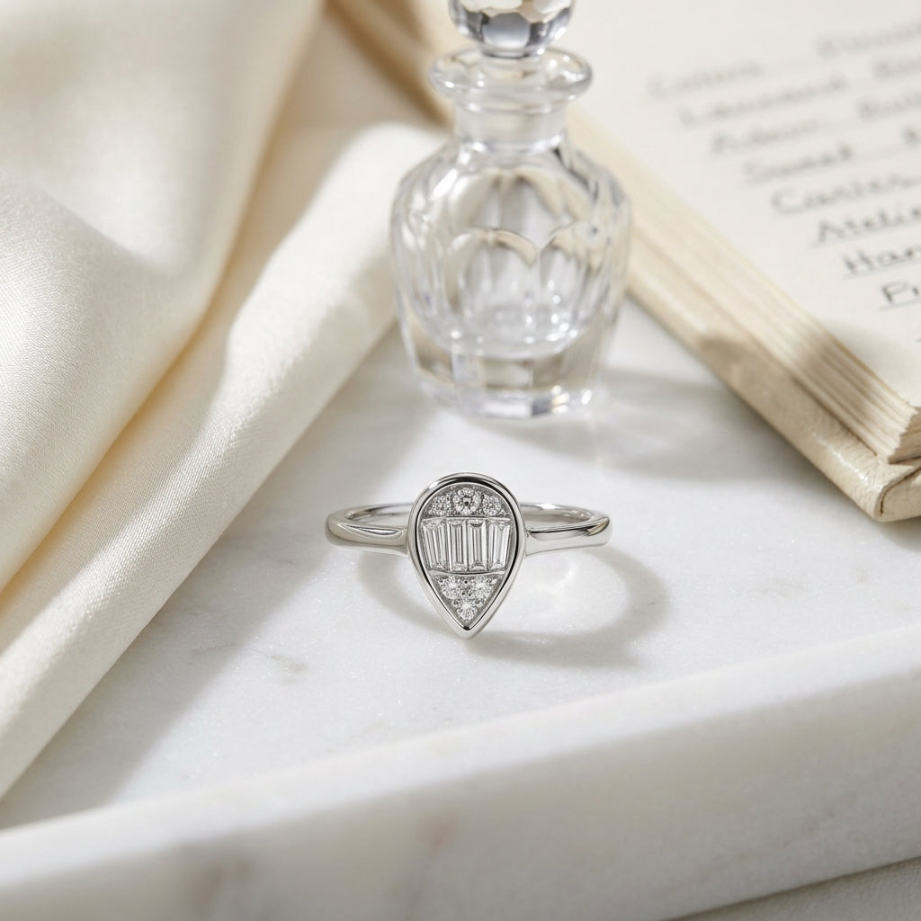 Diamond Round & Baguette Pear Shape Composite Ring in 14K White Gold - editorial