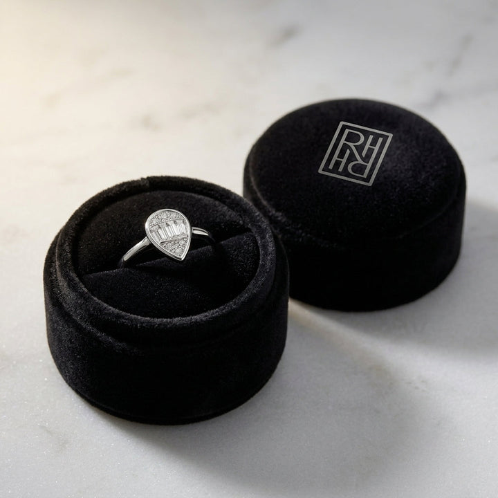 Diamond Round & Baguette Pear Shape Composite Ring in 14K White Gold - presentation