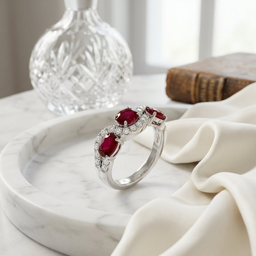 Garnet & Diamond Wave Ring 1/6ctw in 14K White Gold - lifestyle