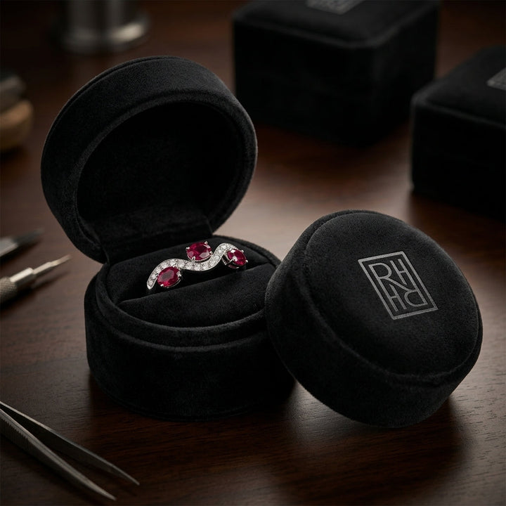 Garnet & Diamond Wave Ring 1/6ctw in 14K White Gold - presentation