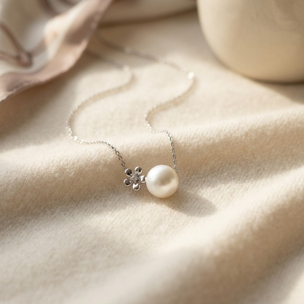 Freshwater Pearl Flower Ring in 14K White Gold - flat lay