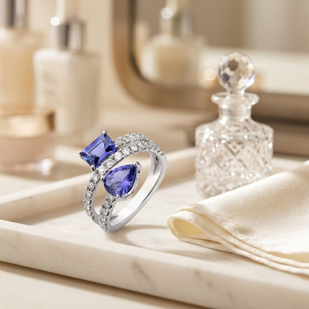 Tanzanite Pear & Emerald Cut Ring with Pave Split Shank in 14K White Gold - lifestyle