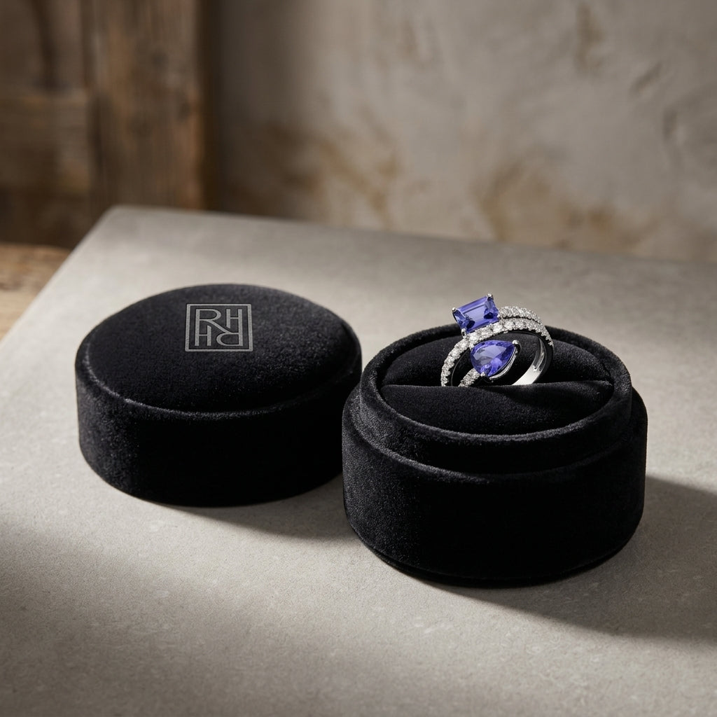 Tanzanite Pear & Emerald Cut Ring with Pave Split Shank in 14K White Gold - presentation