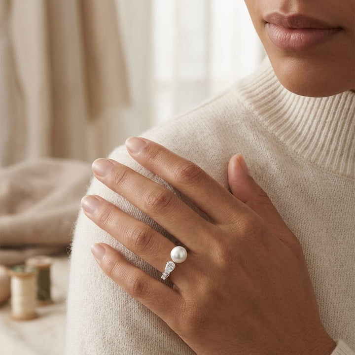 Pearl & Diamond Ring 5/8ctw in 14K White Gold - lifestyle