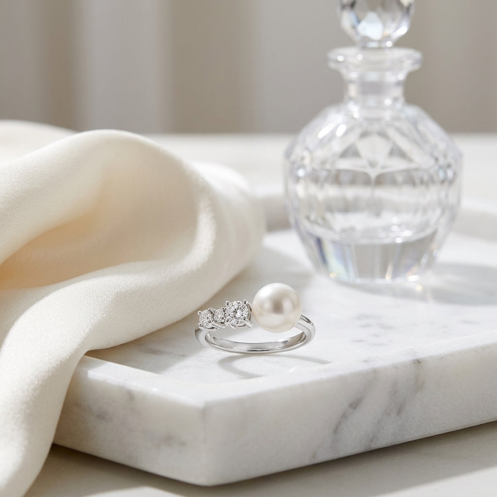 Pearl & Diamond Ring 3/8ctw in 14K White Gold - lifestyle