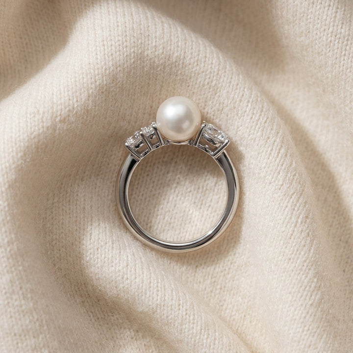 Pearl & Diamond Ring 3/8ctw in 14K White Gold - flat lay