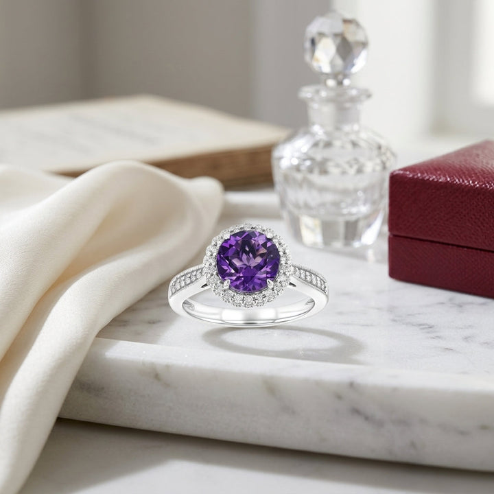 Amethyst & Diamond Halo Ring 1/5ctw in 14K White Gold - lifestyle
