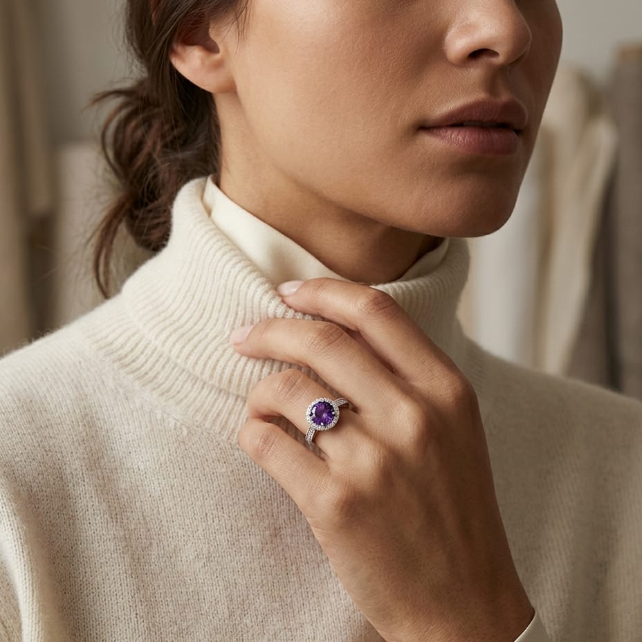 Amethyst & Diamond Halo Ring 1/5ctw in 14K White Gold - editorial