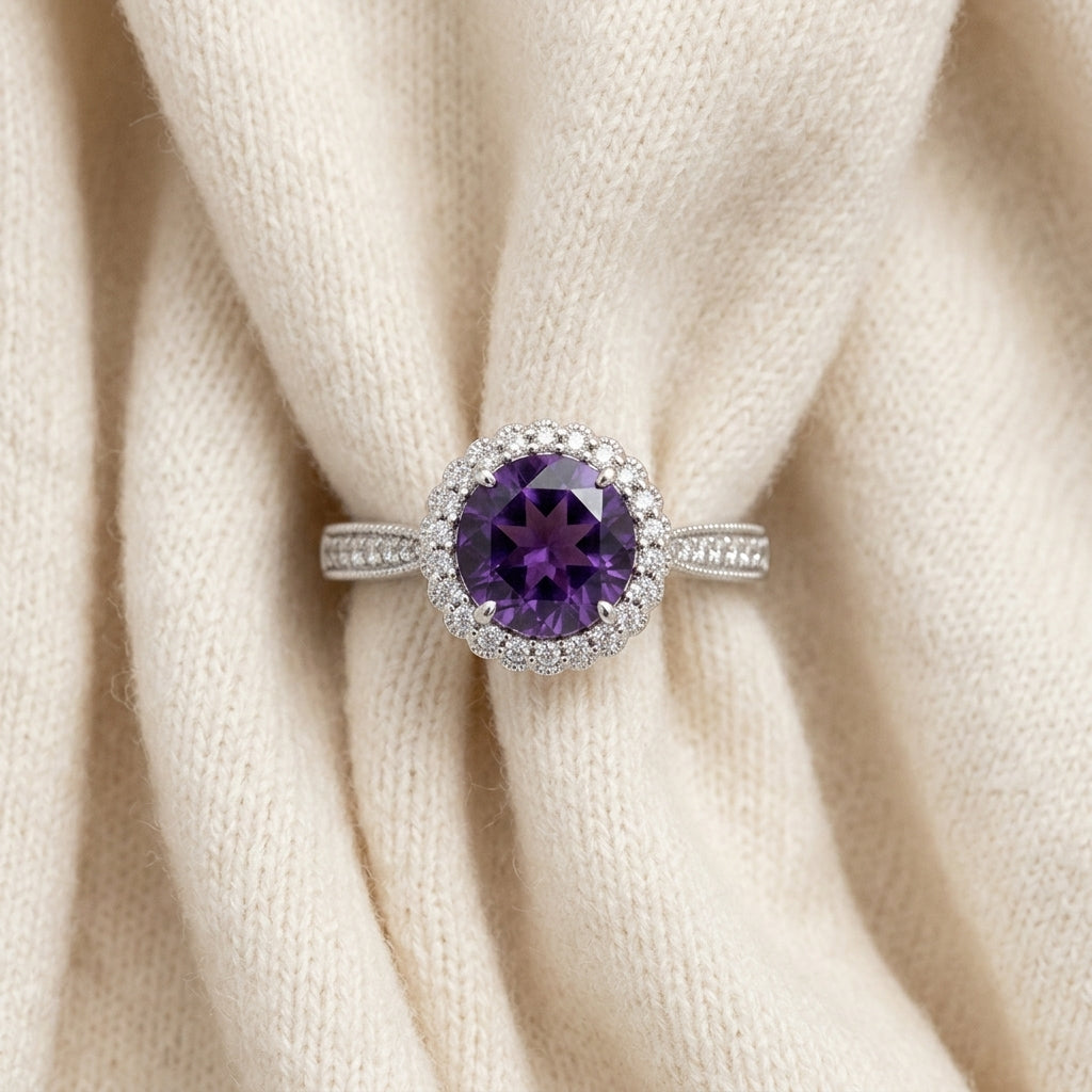 Amethyst & Diamond Halo Ring 1/5ctw in 14K White Gold - flat lay