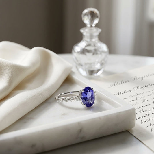 Tanzanite Oval Floating Diamond Ring 1/3ctw in 14K White Gold - editorial