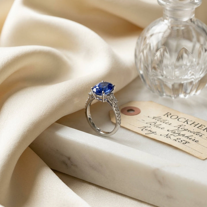 Tanzanite Oval Floating Diamond Ring in 14k White Gold 0.33ctw, on marble vanity tray with silk