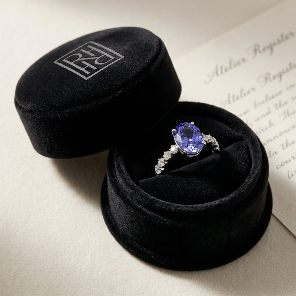 Tanzanite Oval Floating Diamond Ring in 14k White Gold 0.33ctw, in navy velvet jewelry box