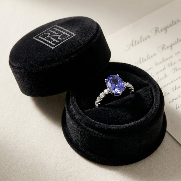 Tanzanite Oval Floating Diamond Ring in 14k White Gold 0.33ctw, in navy velvet jewelry box