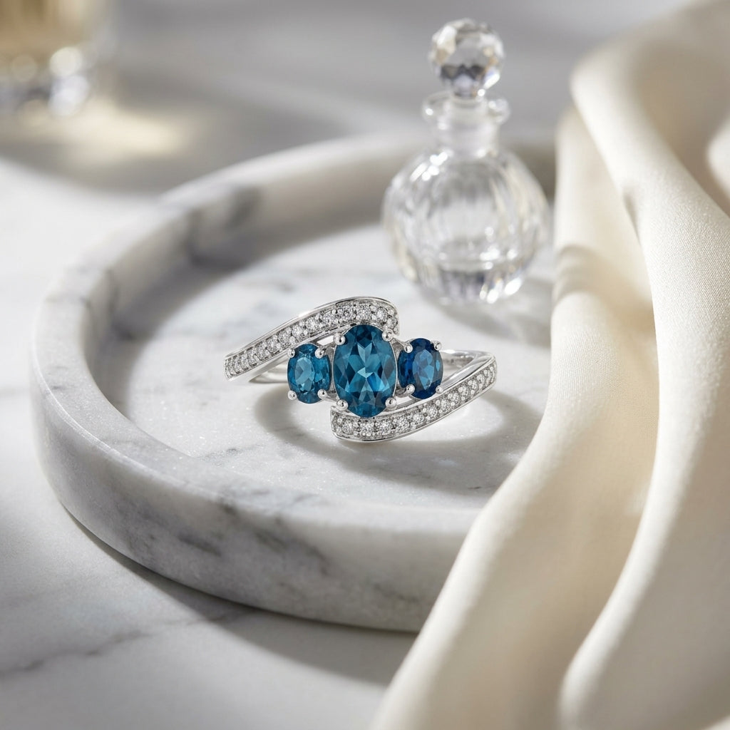 London Blue Topaz Three Stone Swirl Ring 1/8ctw in 14K White Gold - lifestyle