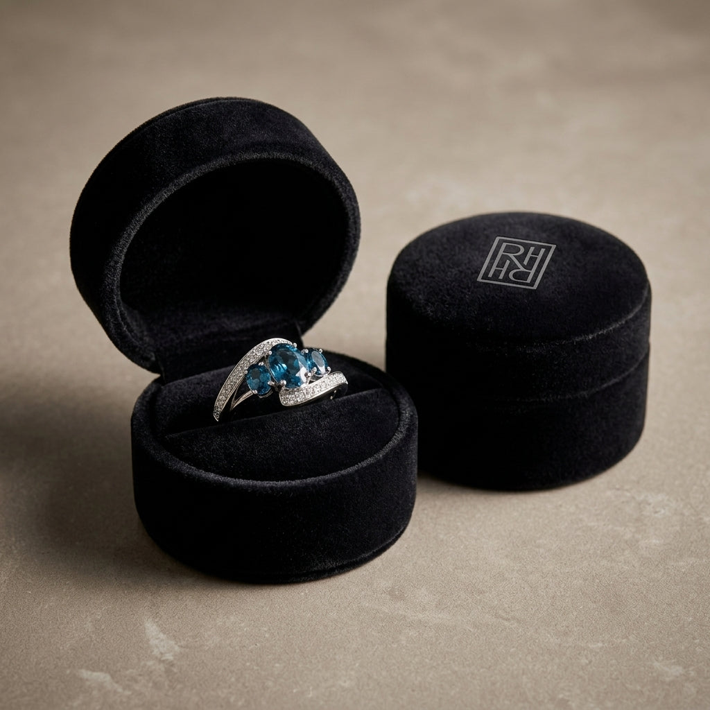 London Blue Topaz Three Stone Swirl Ring in 14k White Gold 0.13ctw, in navy velvet jewelry box