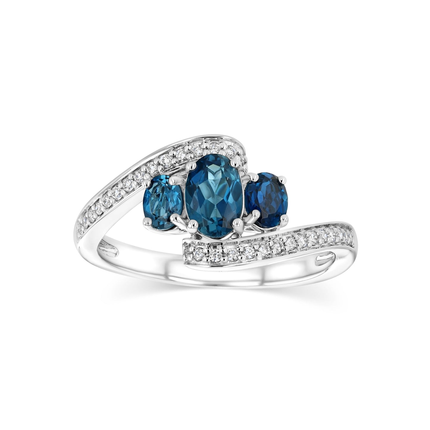 London Blue Topaz Three Stone Swirl Ring, in 14K White Gold – side profile | RockHer