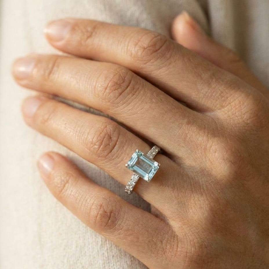 Aquamarine and Diamond Corrugated Shank Ring in 14k White Gold 0.08ctw, worn on hand, close-up