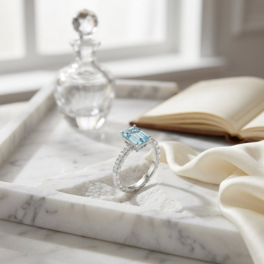 Aquamarine & Diamond Corrugated Shank Ring 1/12ctw in 14K White Gold - editorial
