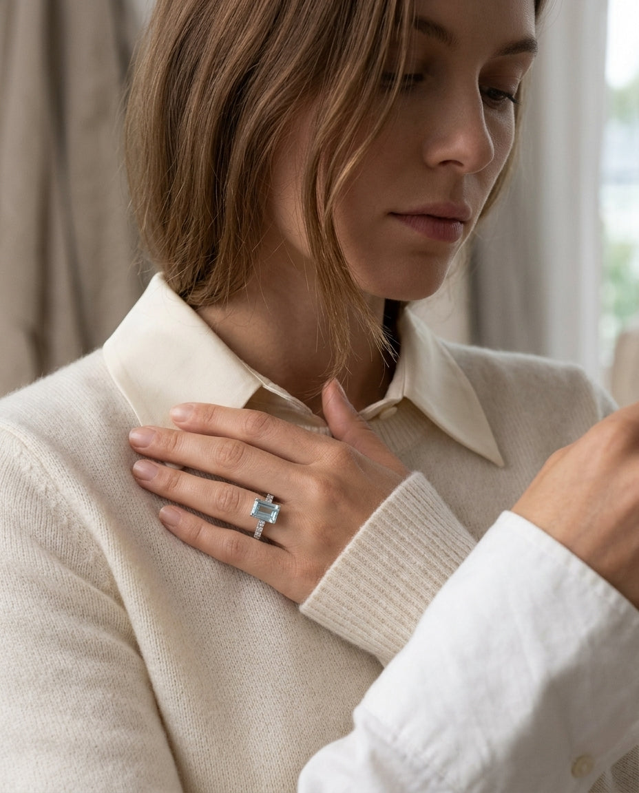 Aquamarine and Diamond Corrugated Shank Ring in 14k White Gold 0.08ctw, worn close-up portrait