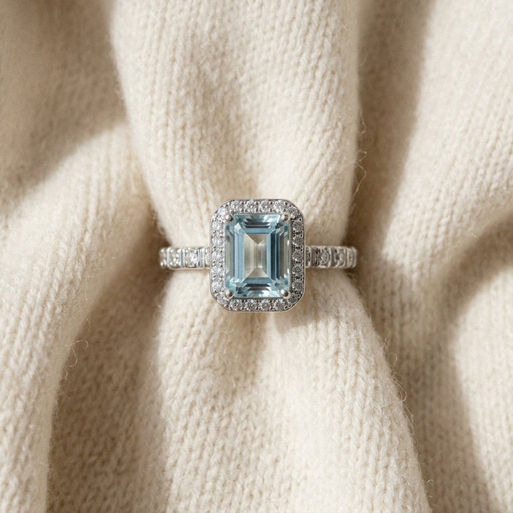 Aquamarine & Diamond Corrugated Shank Ring 1/12ctw in 14K White Gold - flat lay