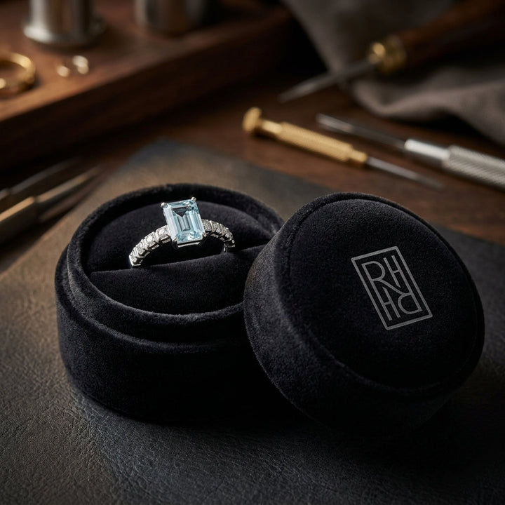 Aquamarine and Diamond Corrugated Shank Ring in 14k White Gold 0.08ctw, in navy velvet jewelry box