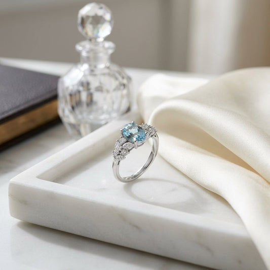 Aquamarine & Diamond Ring 1/3ctw in 14K White Gold - editorial