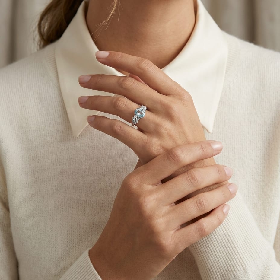 Aquamarine & Diamond Ring 1/3ctw in 14K White Gold - lifestyle