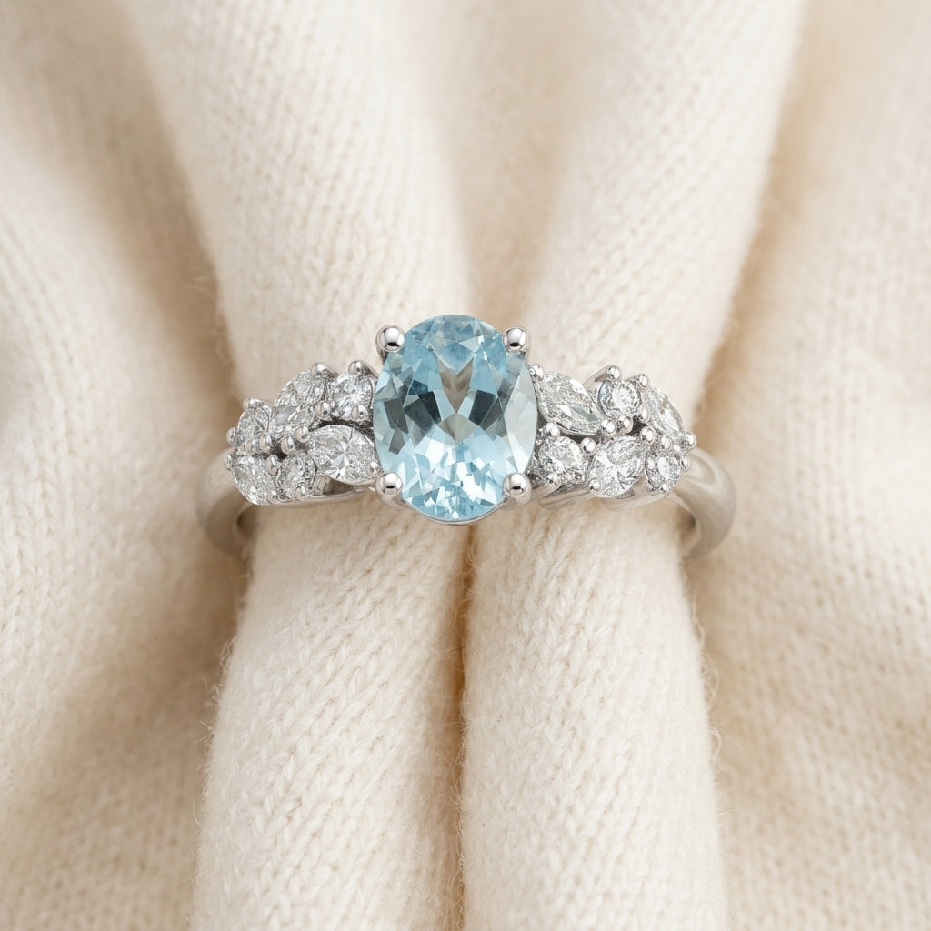 Aquamarine & Diamond Ring 1/3ctw in 14K White Gold - flat lay