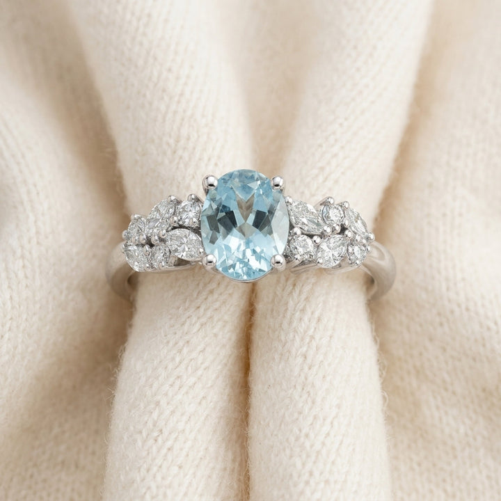 Aquamarine & Diamond Ring 1/3ctw in 14K White Gold - flat lay
