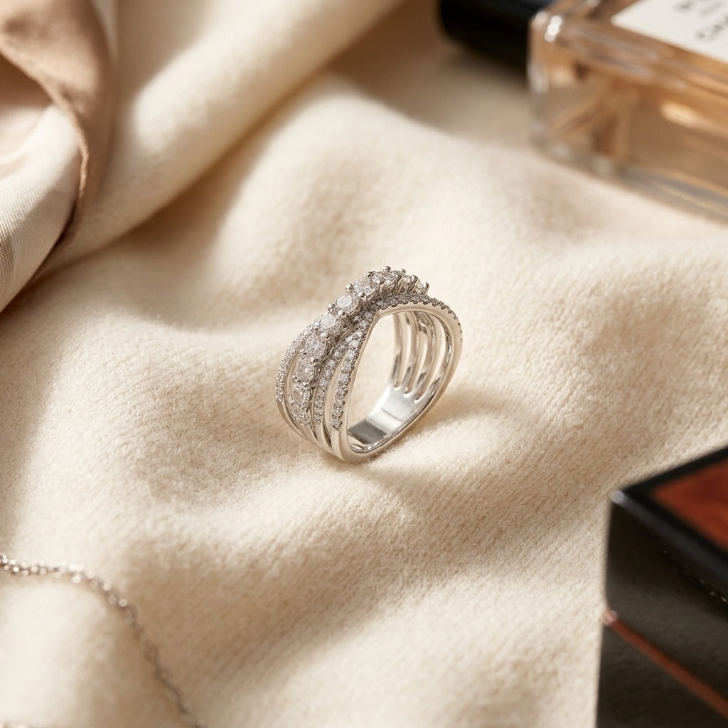 Diamond Criss-Cross Overlay Ring 9/10ctw in 14K White Gold - flat lay
