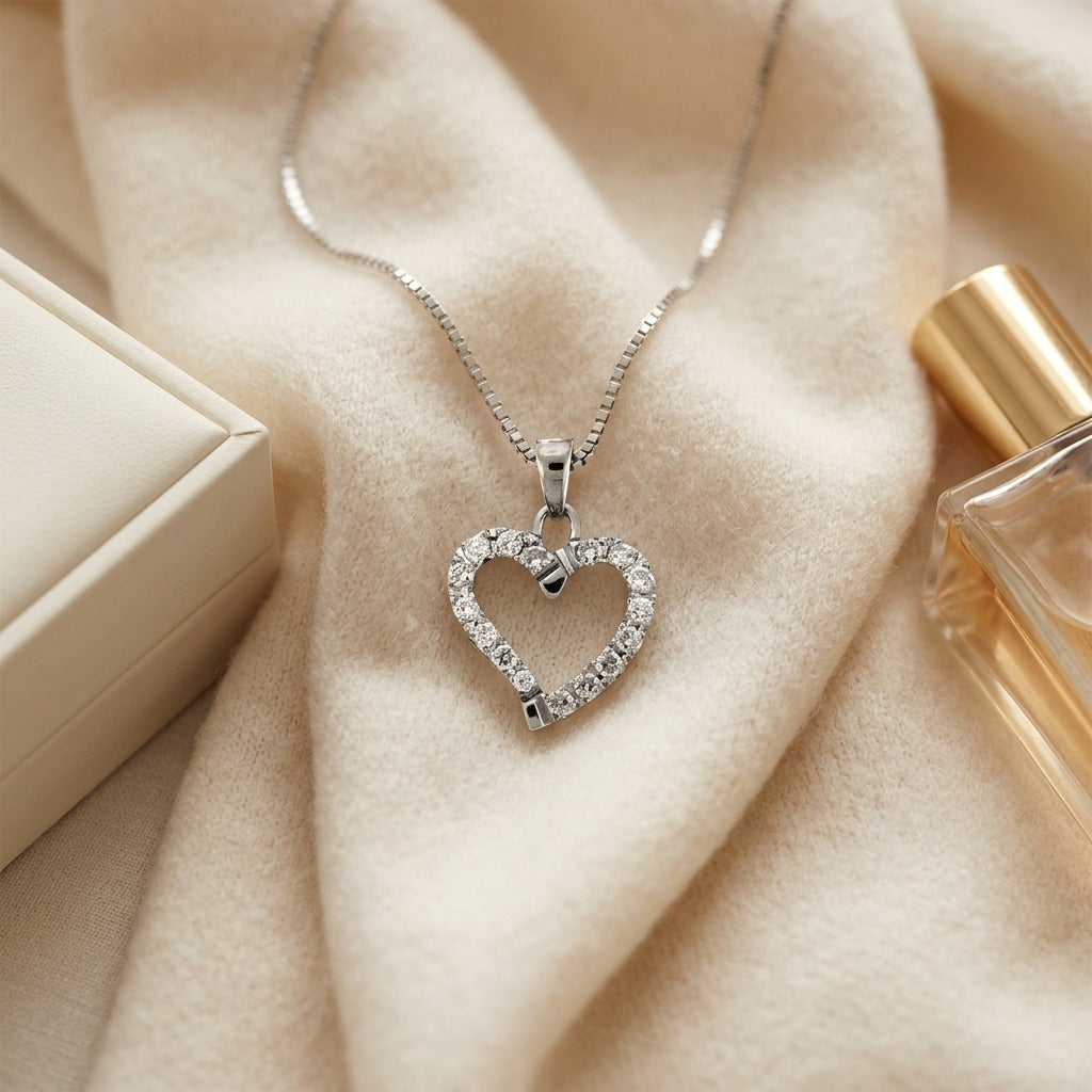 Diamond Dangle Heart Pendant in 14K White Gold - flat lay