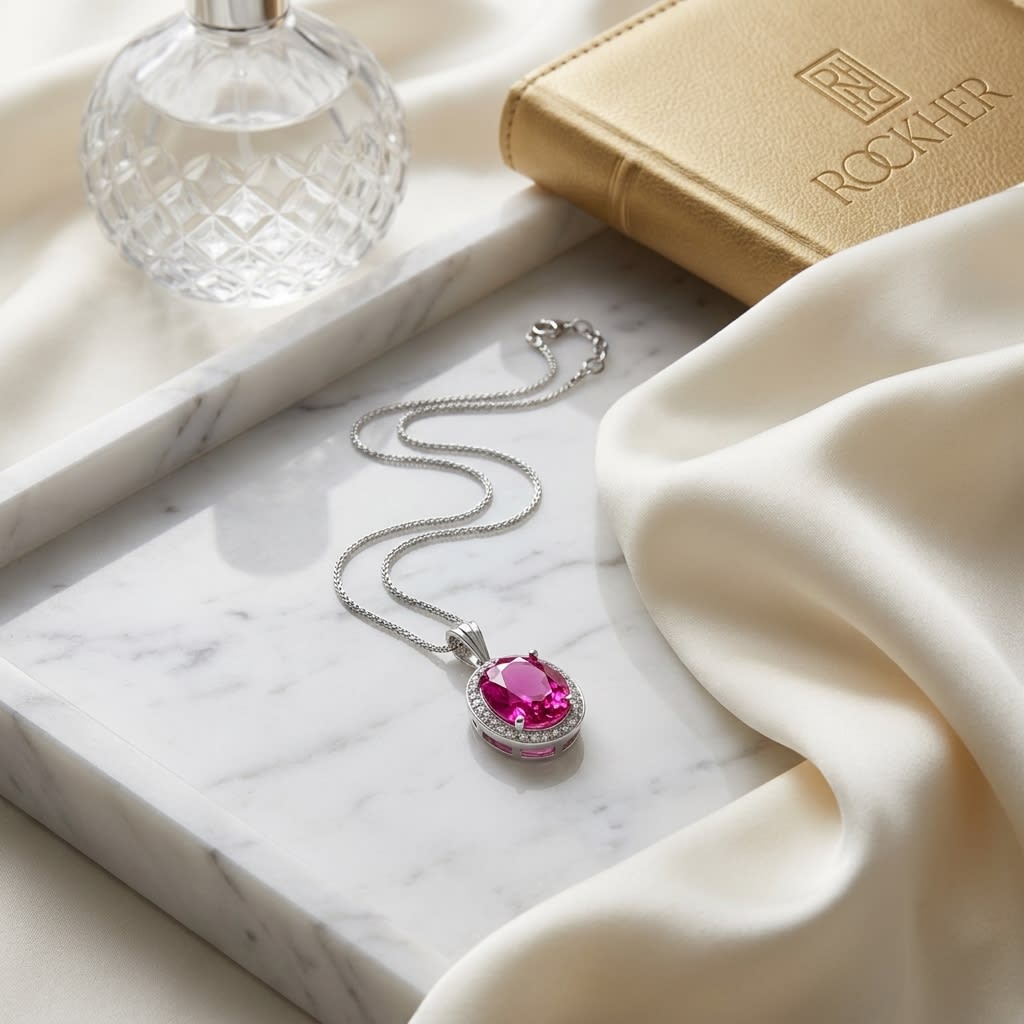 Tourmaline Oval Pendant in 14K White Gold, on marble vanity tray with silk