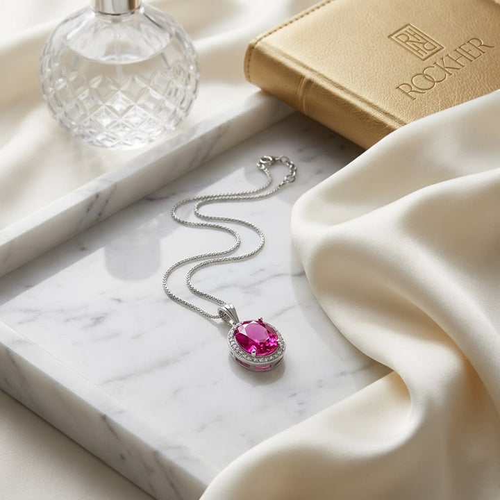 Tourmaline Oval Pendant in 14K White Gold, on marble vanity tray with silk
