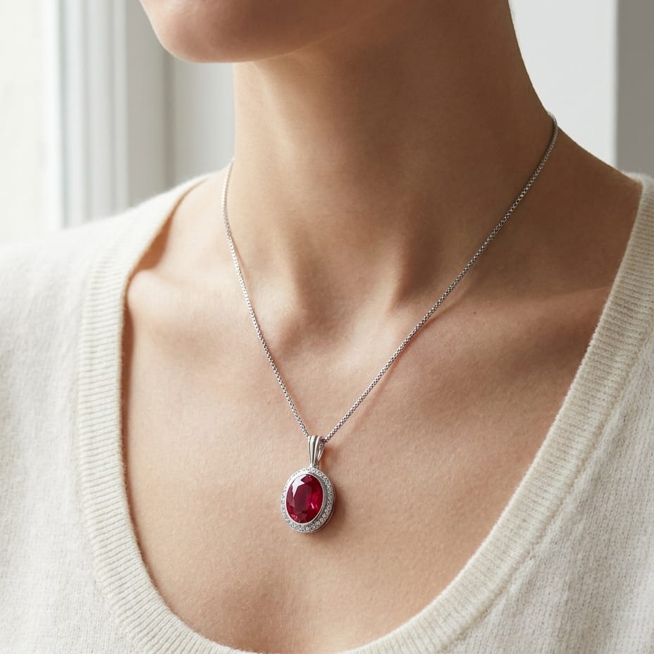 Tourmaline Oval Pendant in 14K White Gold, worn close-up portrait