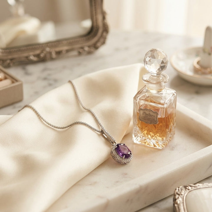 Amethyst & Diamond Oval Halo Pendant with Slim Bail in 14K White Gold - lifestyle