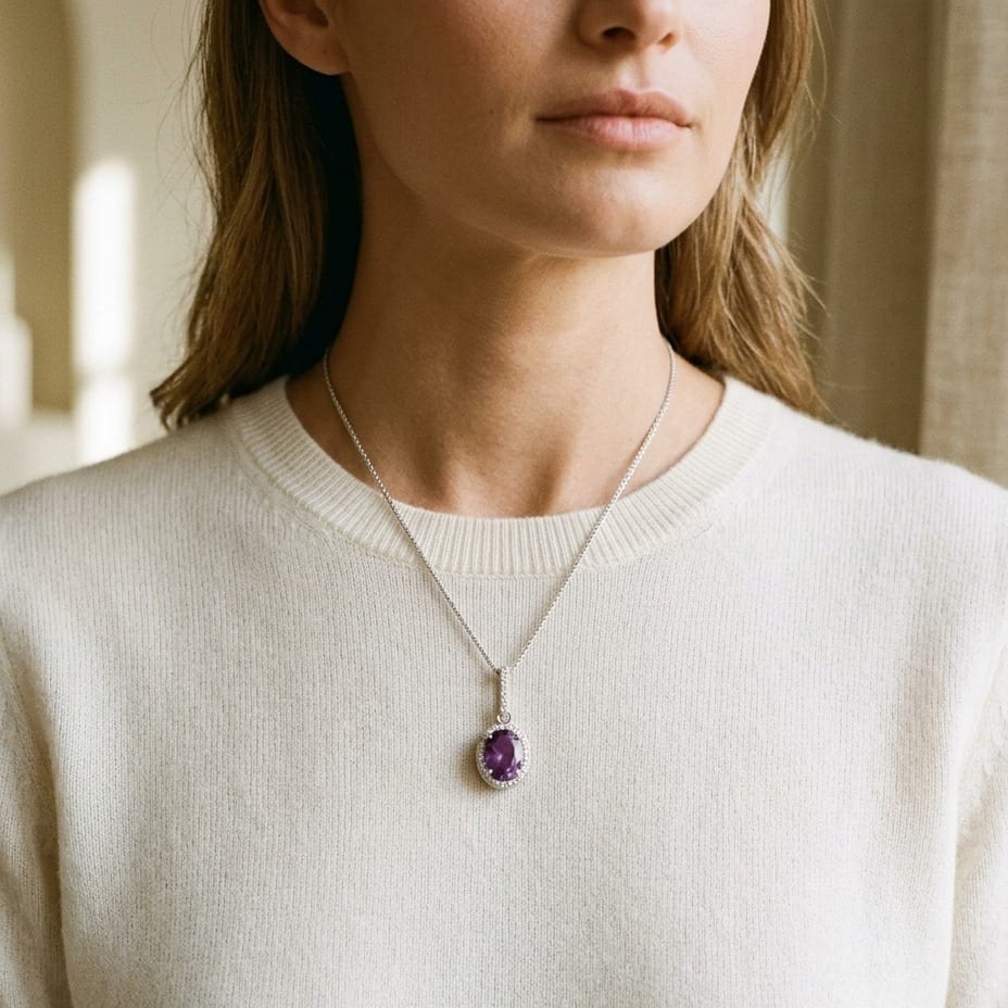 Amethyst & Diamond Oval Halo Pendant with Slim Bail in 14K White Gold - editorial