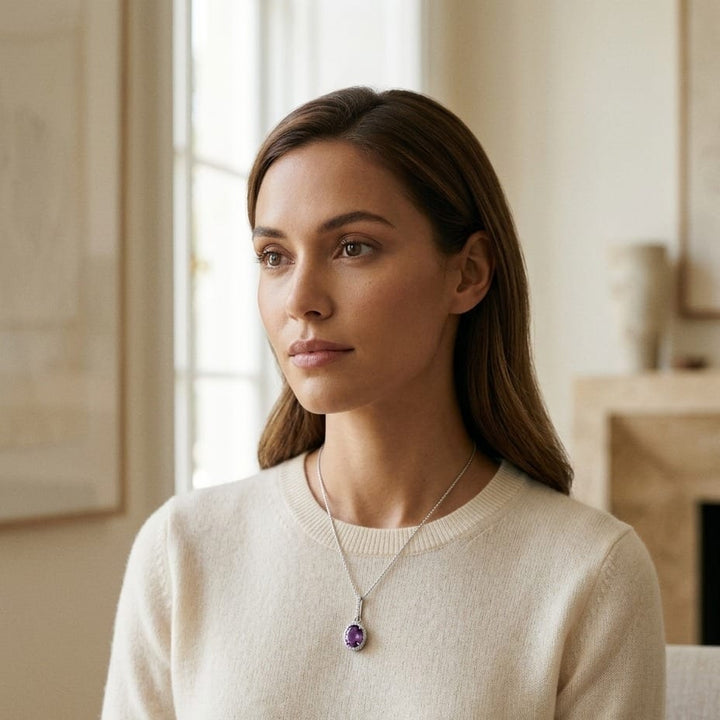 Amethyst & Diamond Oval Halo Pendant with Slim Bail in 14K White Gold - on model