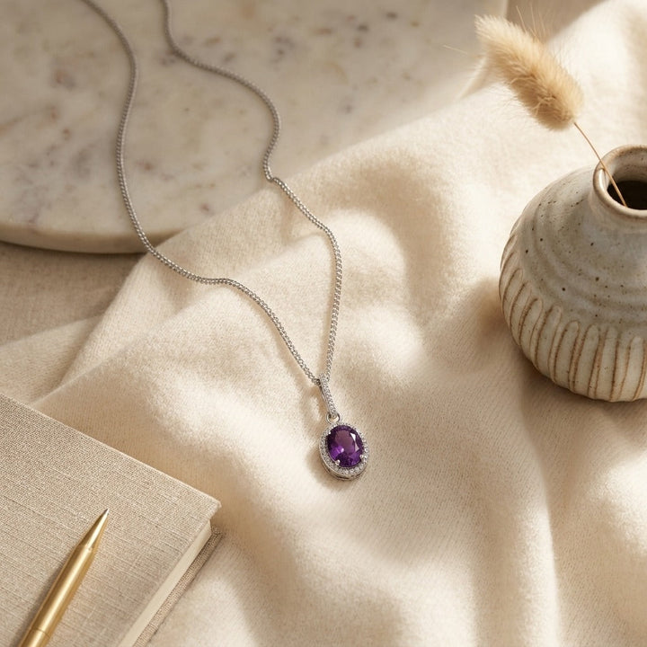 Amethyst & Diamond Oval Halo Pendant with Slim Bail in 14K White Gold - flat lay