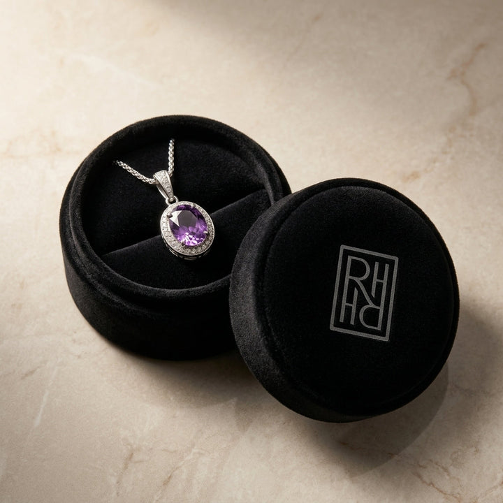Amethyst & Diamond Oval Halo Pendant with Slim Bail in 14K White Gold - presentation