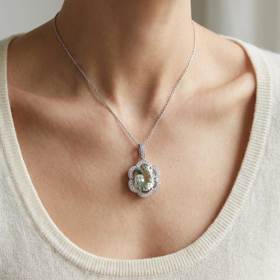 Green Quartz Pendant in 14K White Gold, worn close-up portrait