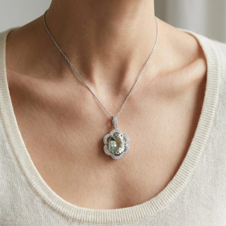 Green Quartz Pendant in 14K White Gold, worn close-up portrait