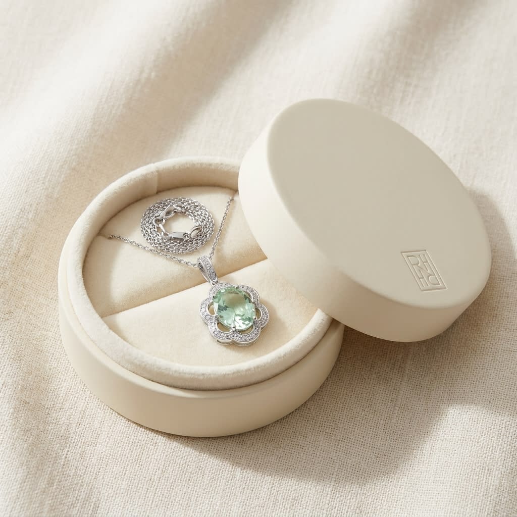 Green Quartz Pendant in 14K White Gold, in navy velvet jewelry box