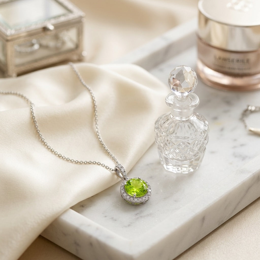 Peridot & Diamond Circle Halo Pendant with 18 Inch Baby Curb Chain in 14K White Gold - lifestyle
