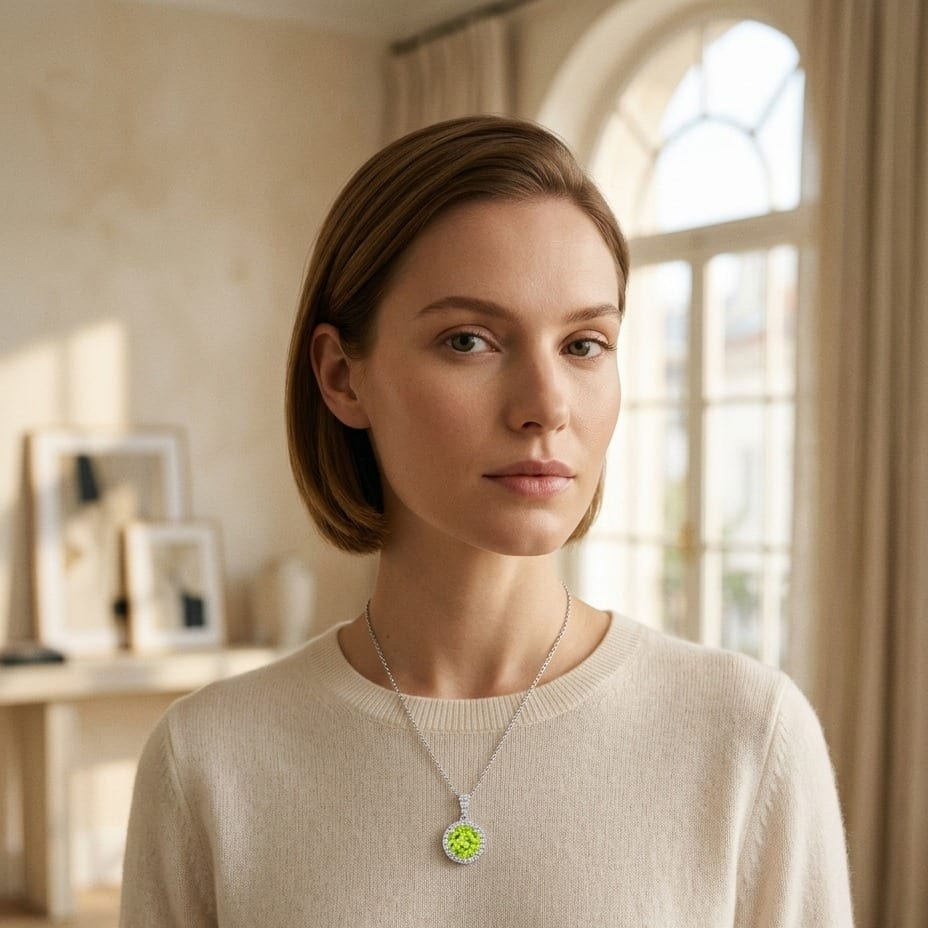 Peridot & Diamond Circle Halo Pendant with 18 Inch Baby Curb Chain in 14K White Gold - editorial