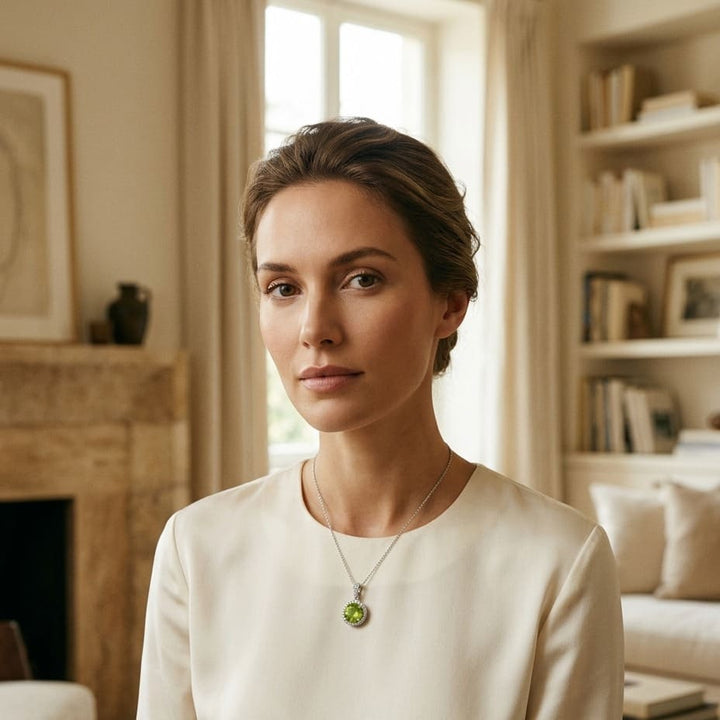 Peridot & Diamond Circle Halo Pendant with 18 Inch Baby Curb Chain in 14K White Gold - on model