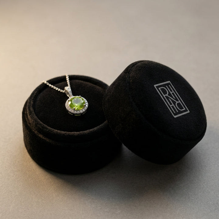Peridot & Diamond Circle Halo Pendant with 18 Inch Baby Curb Chain in 14K White Gold - presentation