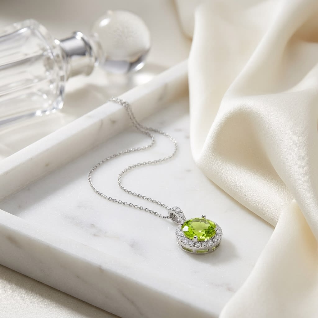 Peridot Halo Pendant in 14K White Gold, on marble vanity tray with silk